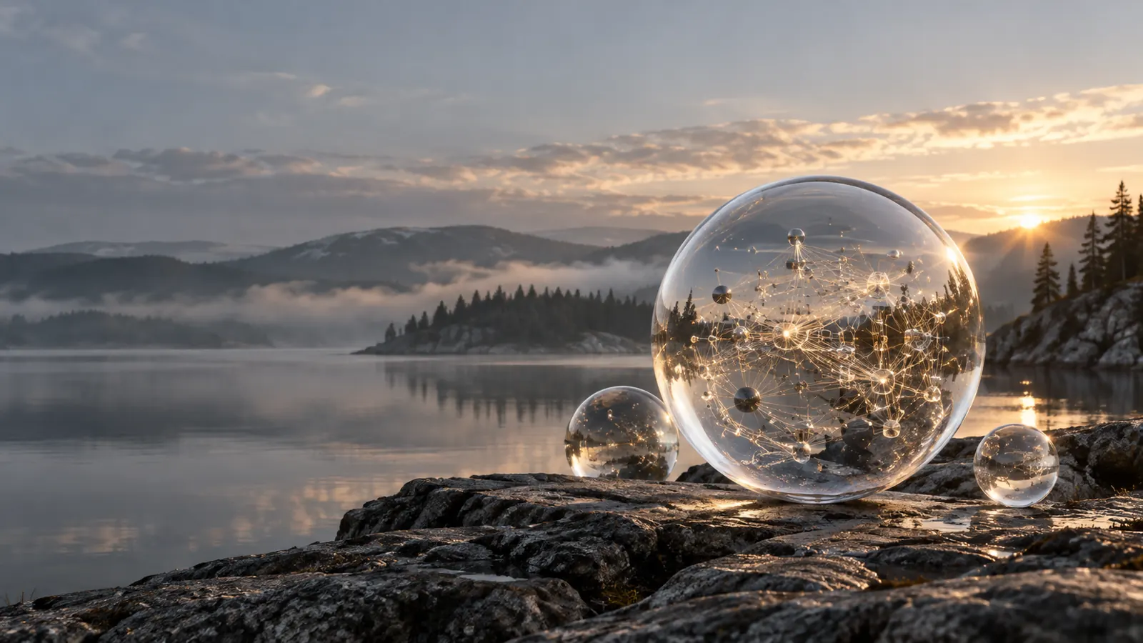 Illustrative glass intelligence core with interconnected golden nodes beside a Canadian lake