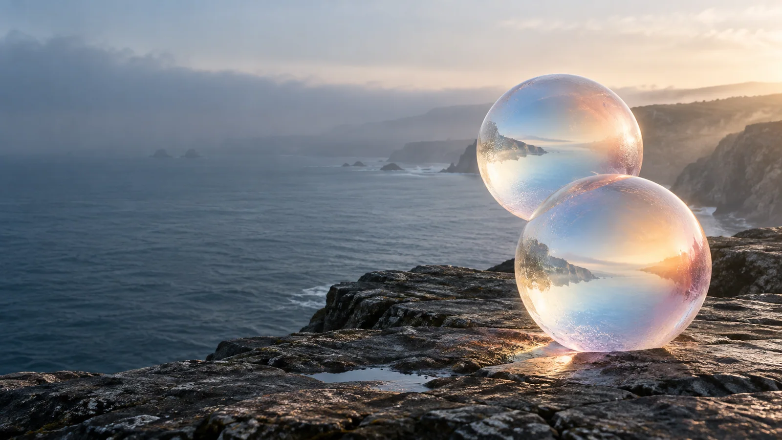 Illustration of glowing structures beside mountains and water
